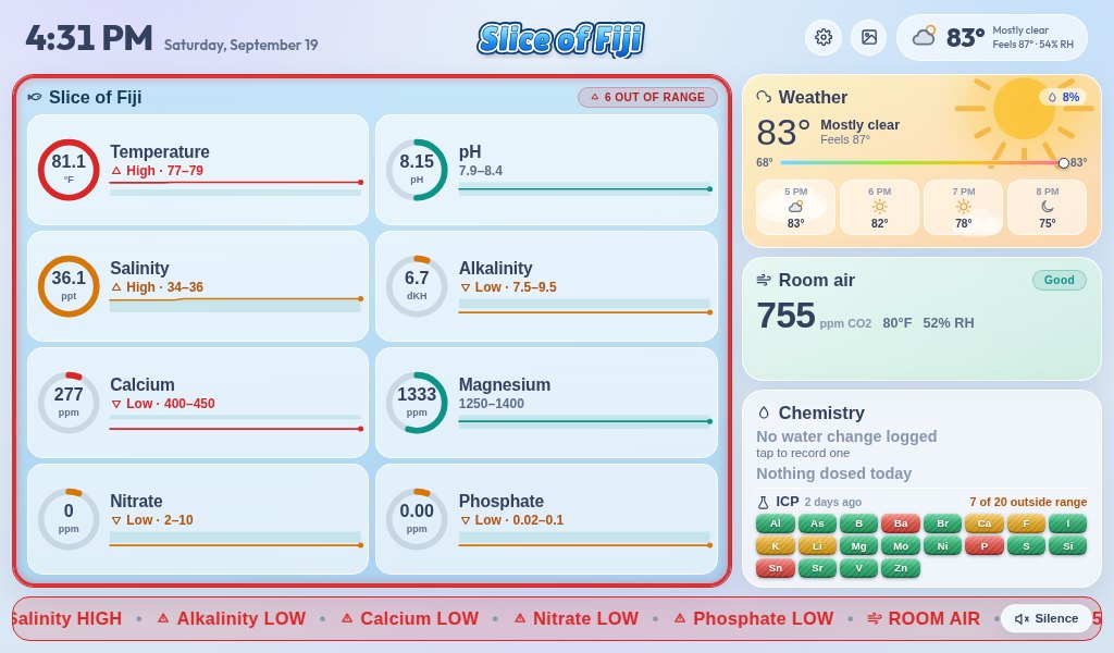 The ReefGauge home screen: eight ring gauges for temperature, pH, salinity, alkalinity, calcium, magnesium, nitrate and phosphate with 24-hour trends, beside weather, room air and chemistry cards